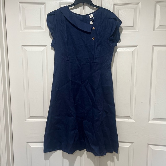 LINTICO 100%  Linen Blue Midi Dress Size XL lagenlook minimalist coastal beach - Picture 2 of 11